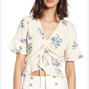 Lydelle Cropped Blouse Cream Purple Floral Cinch Front Ruffle sleeve Women's S